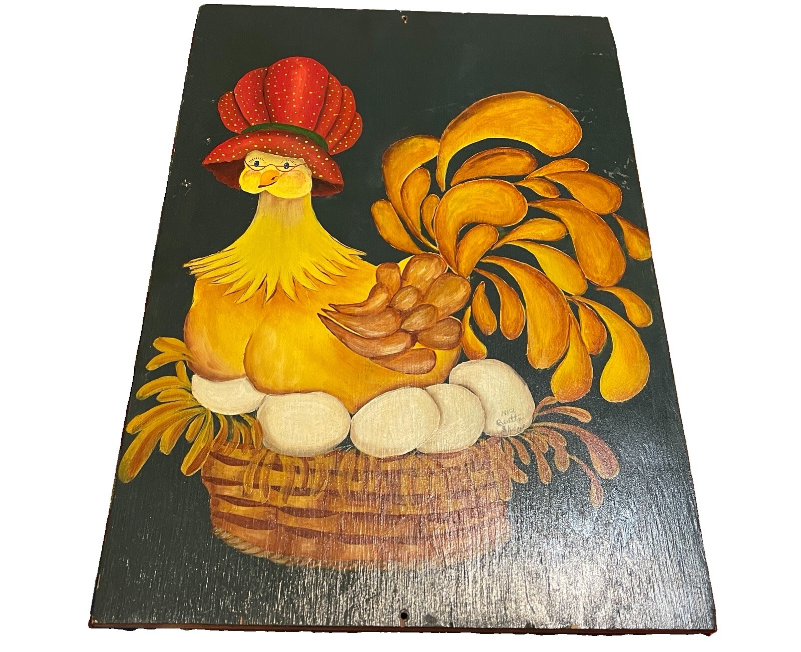 Vintage 1982 Folk Art Chicken Hen Eggs Wood Painting Signed Beatty Shay 14x20 Vintage 1982 Folk Art Chicken Hen Eggs Wood Painting Signed Beatty Shay 14x20