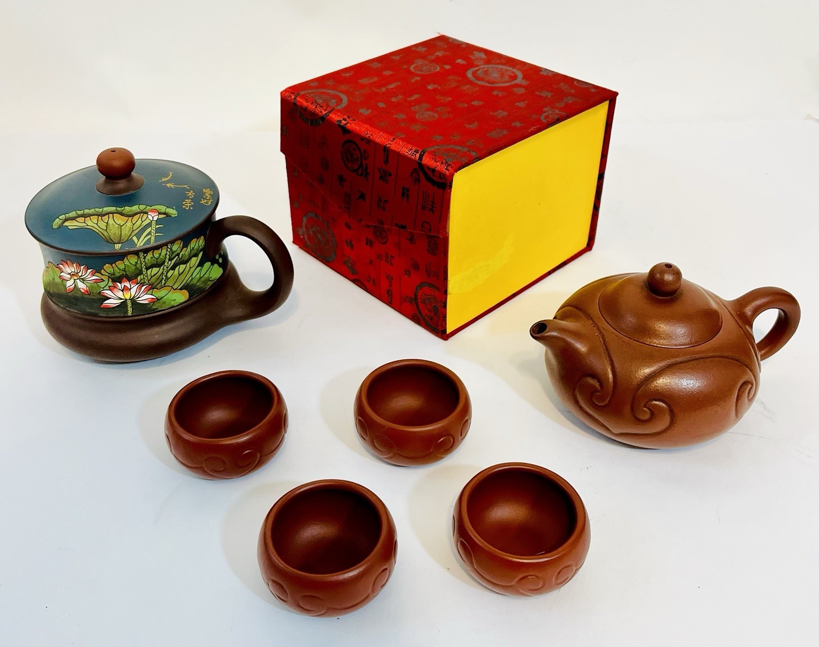 Fine Old Chinese Yixing Zisha Clay Teapot Tea Set Warmer Cups + Lotus Mug Signed Fine Old Chinese Yixing Zisha Clay Teapot Tea Set Warmer Cups + Lotus Mug Signed