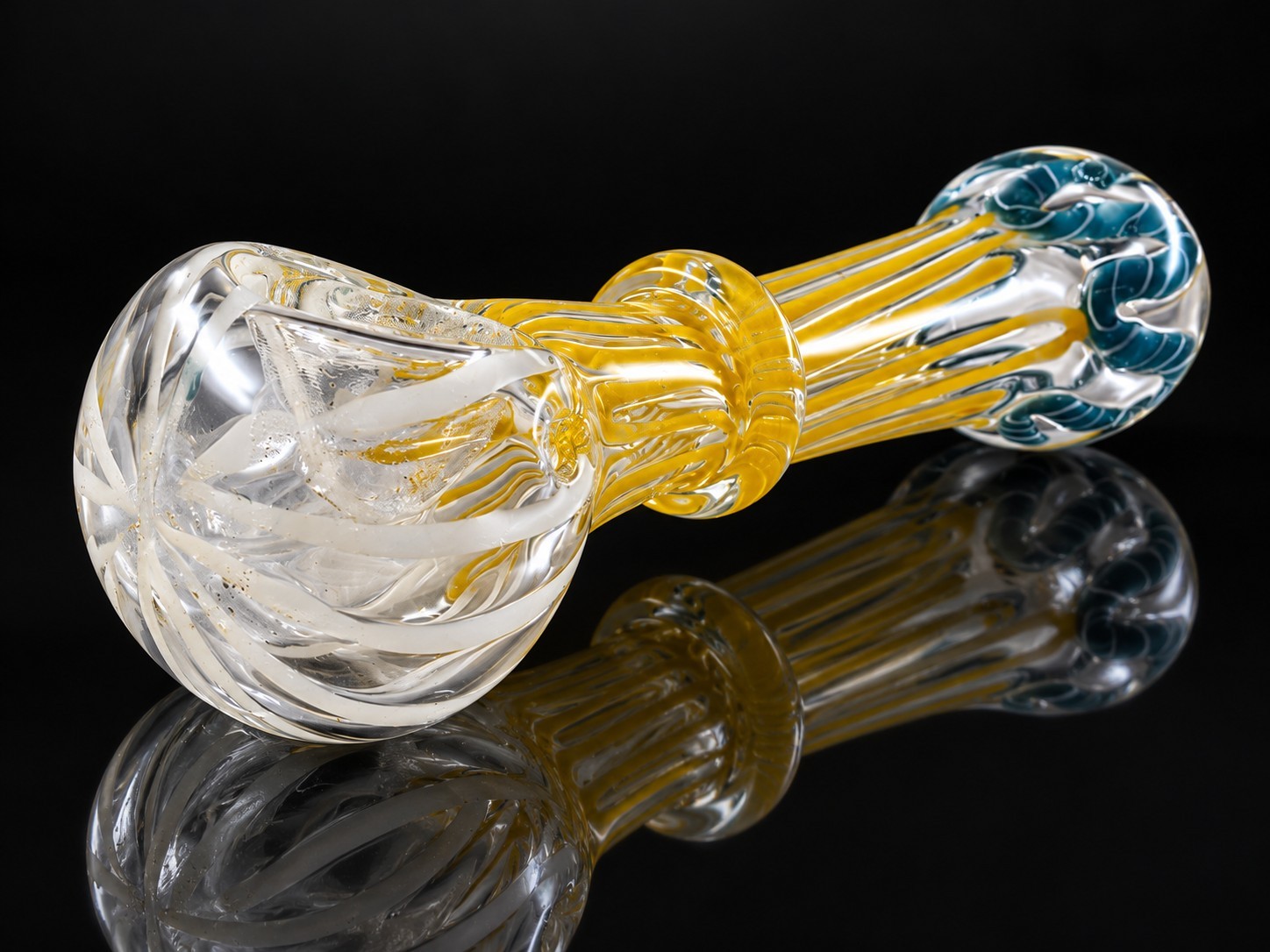 Clear Glass Tobacco Hand Pipe Gold Teal Swirl Raised Ring Detailed Glasswork