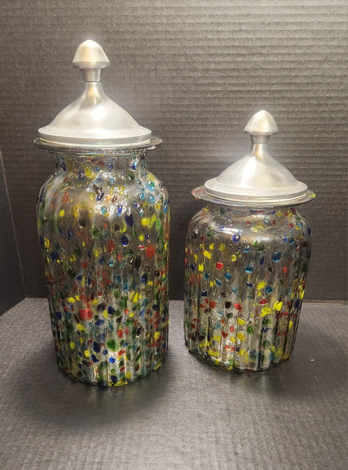 2x Rare Vintage Mexican Ribbed CONFETTI GLASS Canisters W/ Lids 2x Rare Vintage Mexican Ribbed CONFETTI GLASS Canisters W/ Lids