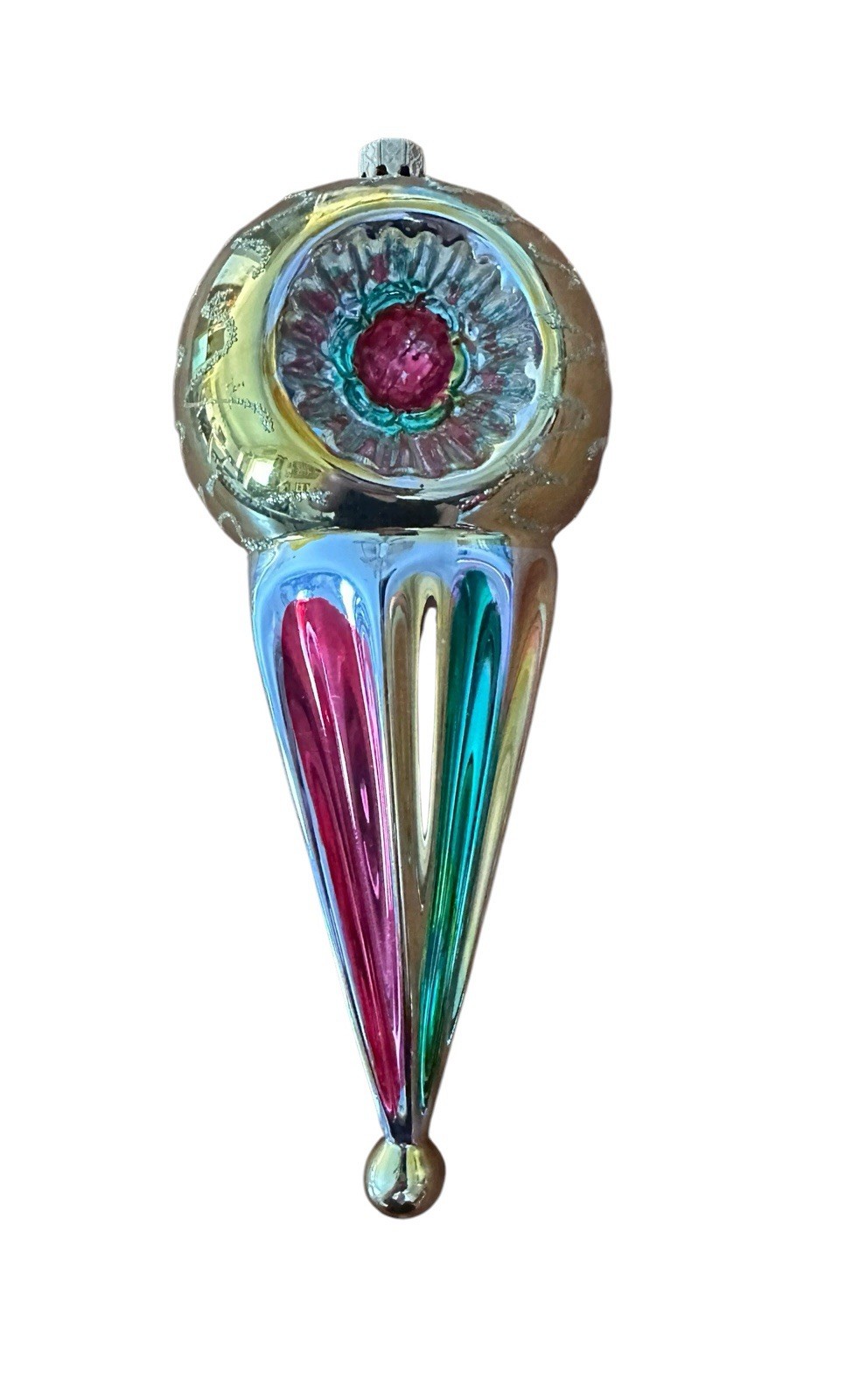 Blown Glass Triple Indent Ornament W Germany Vintage 7” GORGEOUS