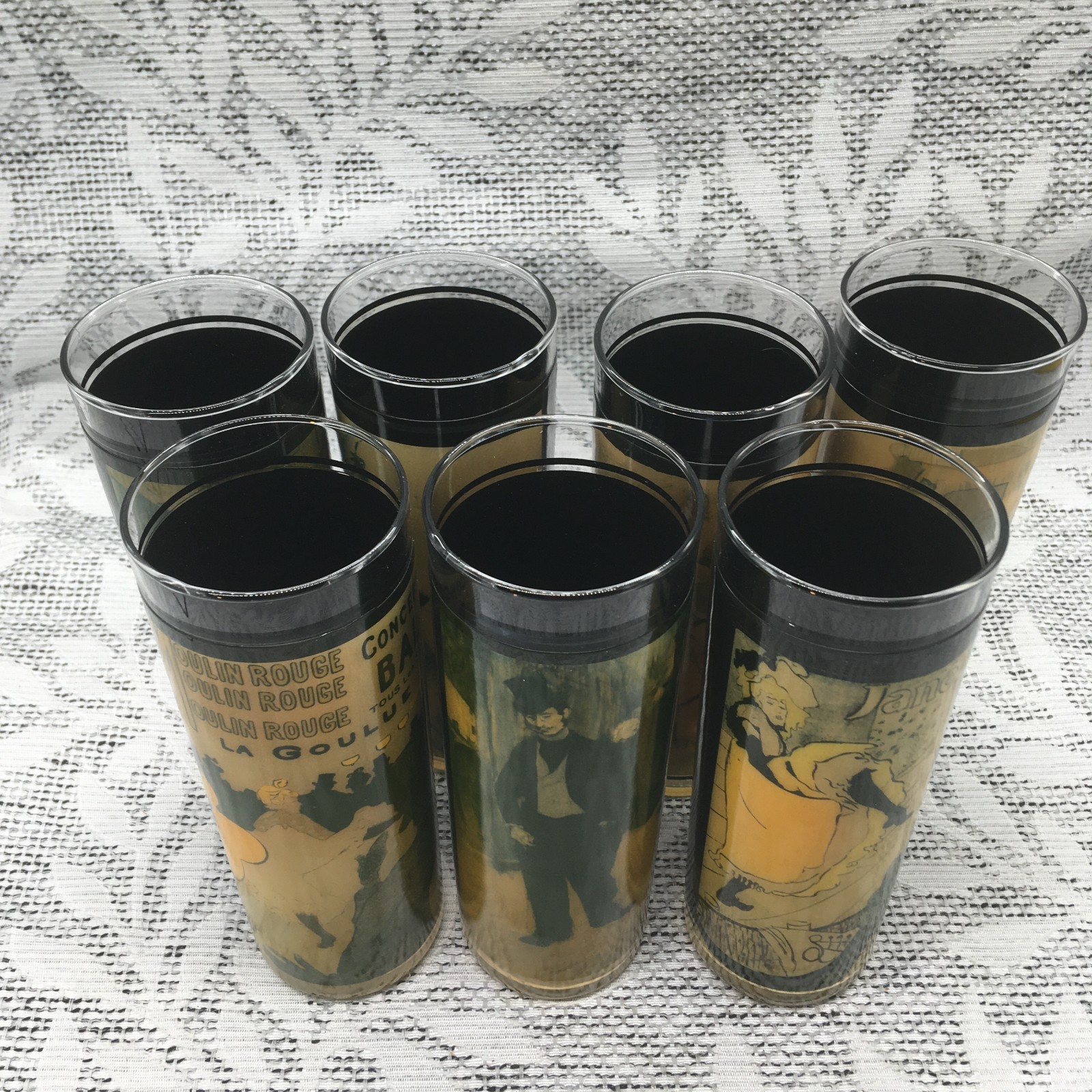 VTG Toulouse-Lautrec Art Moulin Rouge La Goulue Highball Bar Glasses Set Of 7 VTG Toulouse-Lautrec Art Moulin Rouge La Goulue Highball Bar Glasses Set Of 7