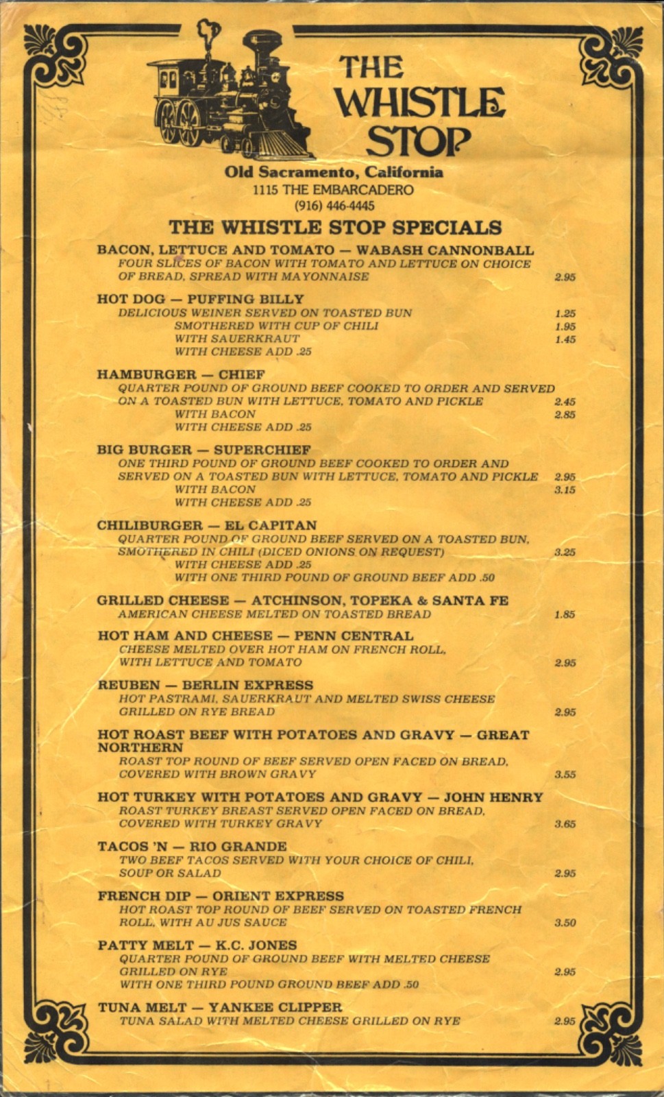 1988 THE WHISTLE STOP vintage sandwich menu OLD SACRAMENTO, CALIFORNIA railroad 1988 THE WHISTLE STOP vintage sandwich menu OLD SACRAMENTO, CALIFORNIA railroad