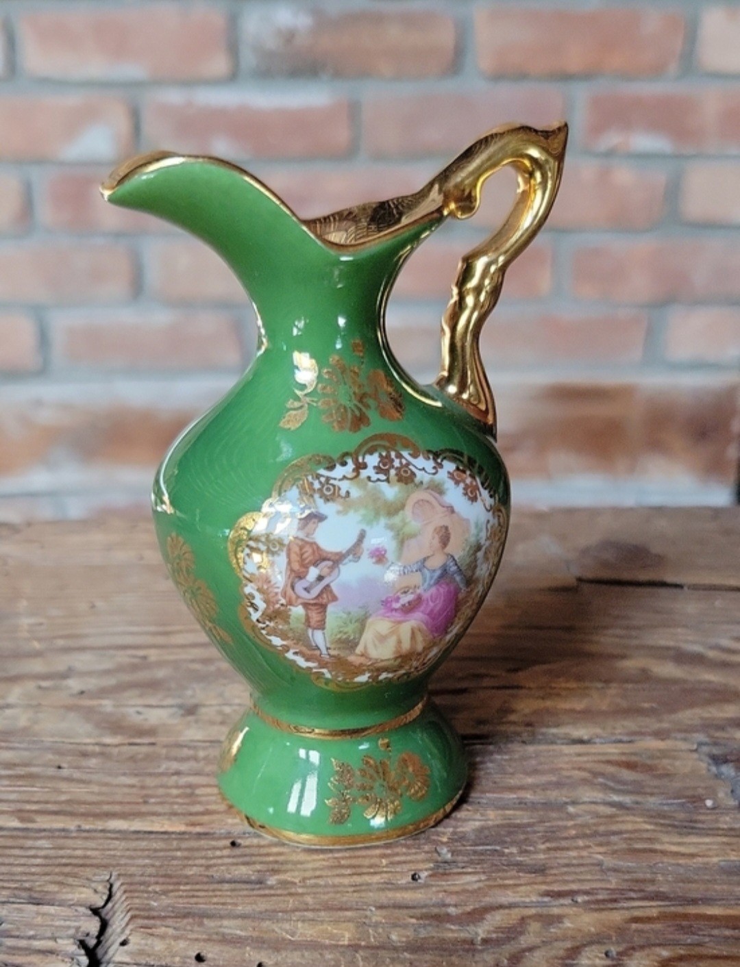 LIMOGES Rococo Porcelain Ewer Pitcher Green and Gold, Courting Couple Vase LIMOGES Rococo Porcelain Ewer Pitcher Green and Gold, Courting Couple Vase
