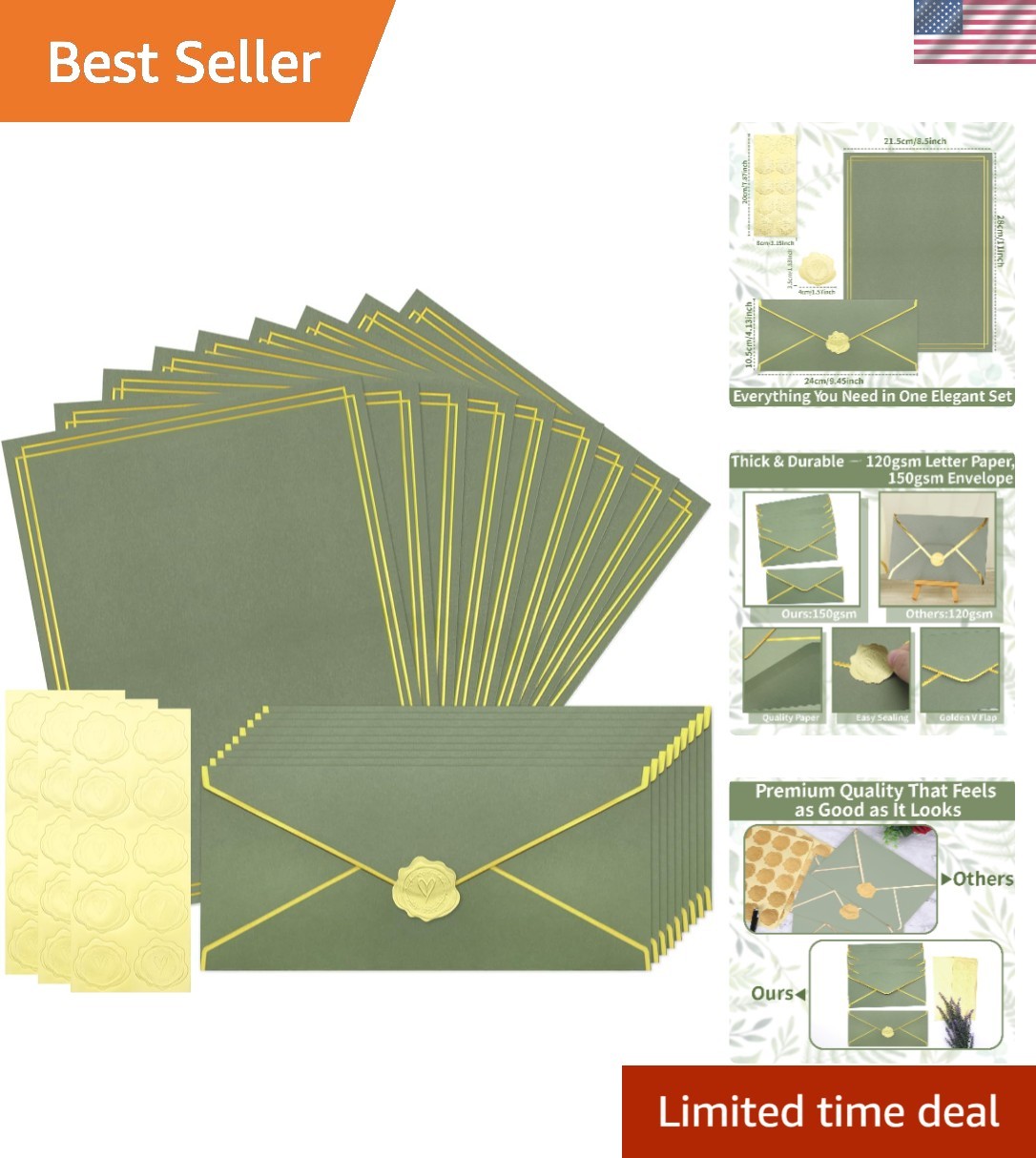 Versatile 30 Pack Stationery Set: Gold Border Paper & Envelopes for All Events