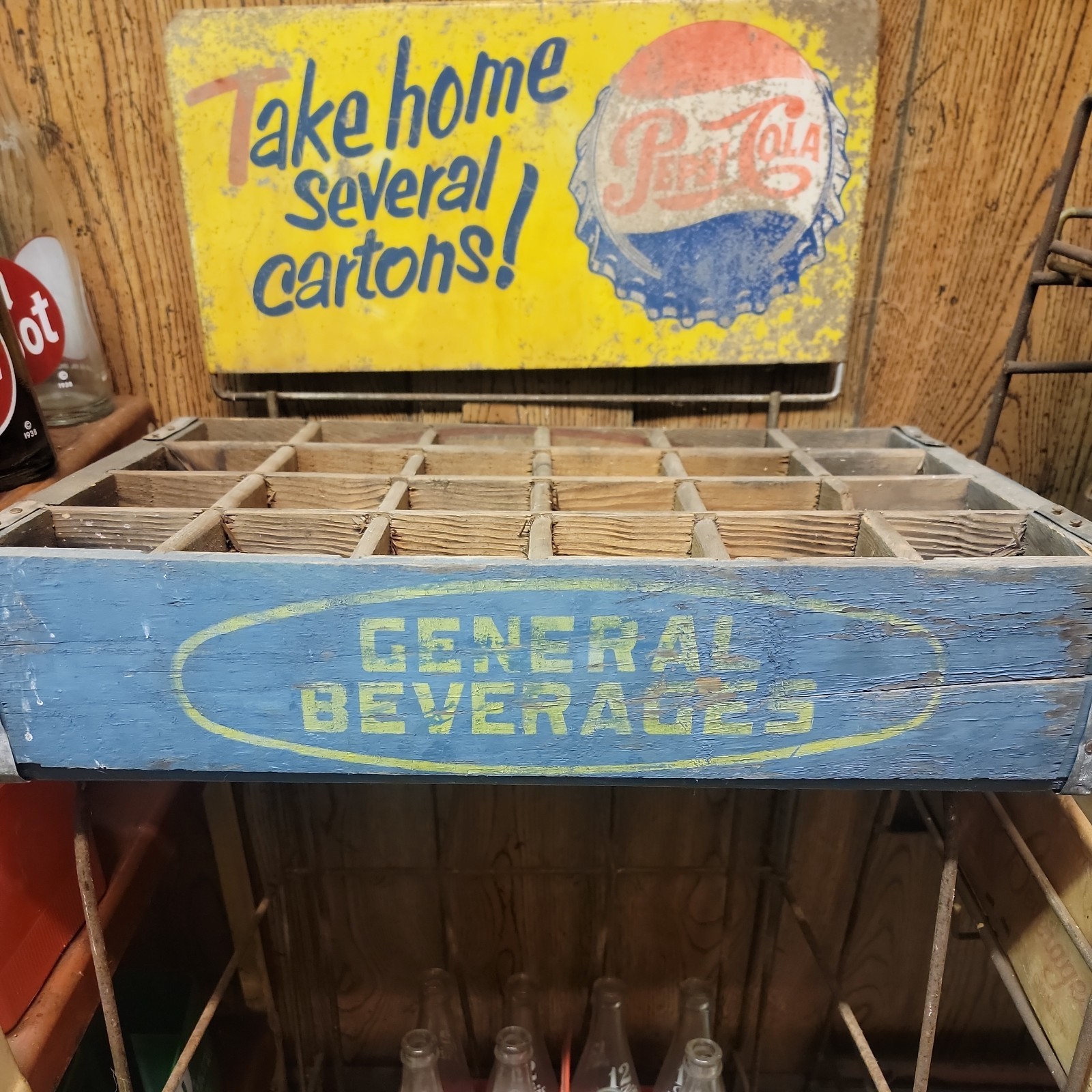 Vintage GENERAL BEVERAGES Wooden Soda Crate Blue Yellow Tri Cities Vintage GENERAL BEVERAGES Wooden Soda Crate Blue Yellow Tri Cities