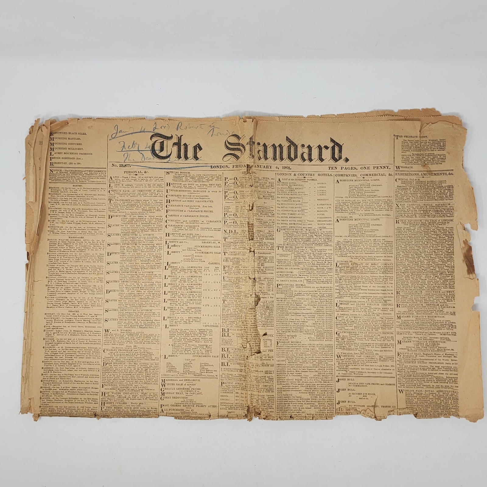 January 4, 1901 The Standard Antique Newspaper Page London Tattered Distressed January 4, 1901 The Standard Antique Newspaper Page London Tattered Distressed