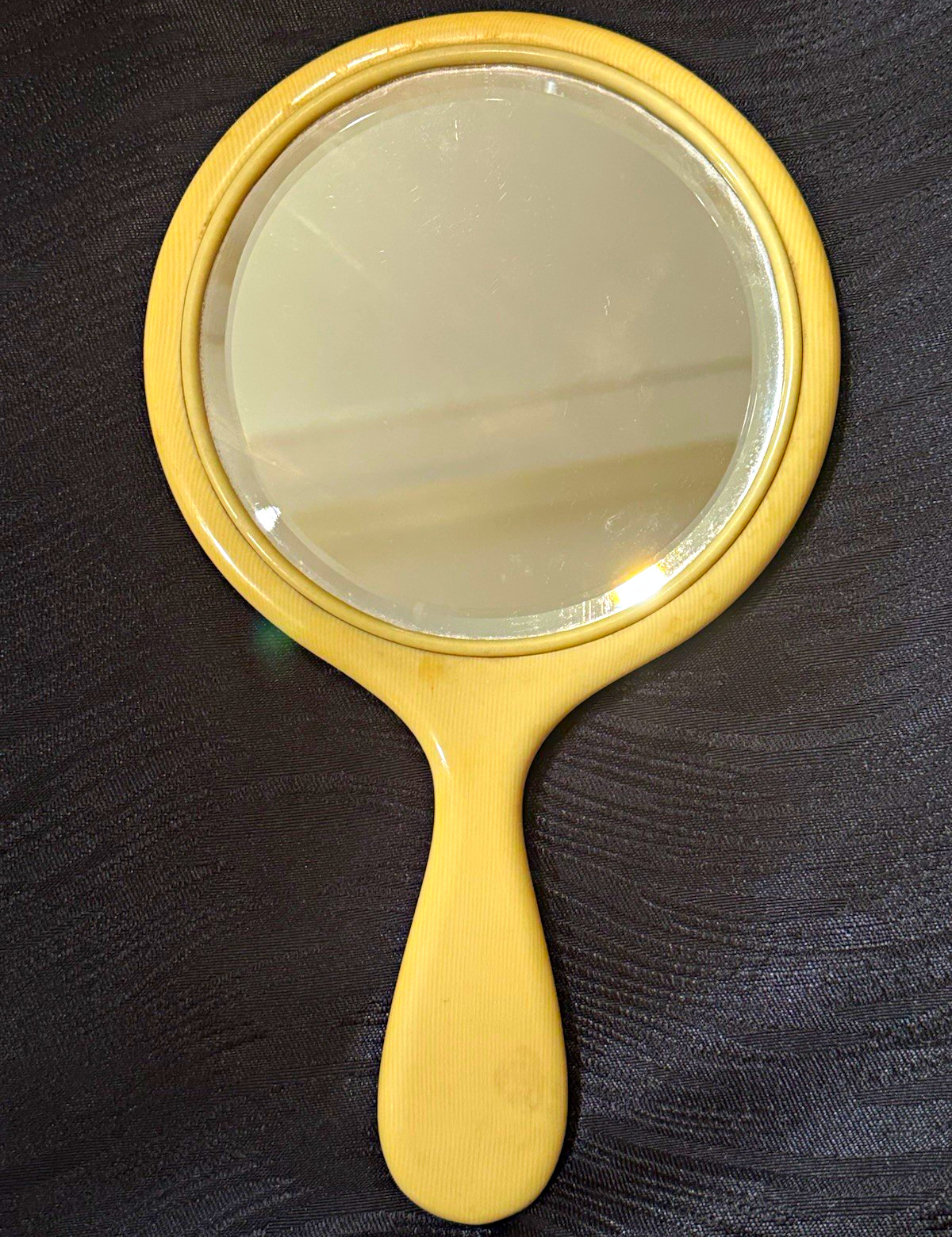 Antique 1920s-30s French Ivory Celluloid Style Hand Mirror Beveled Glass Vanity