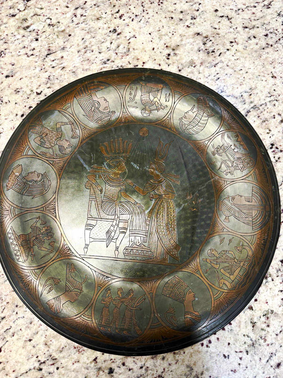 Vintage Handmade Egyptian-Themed Metal Decorative Plate Dish with Symbols