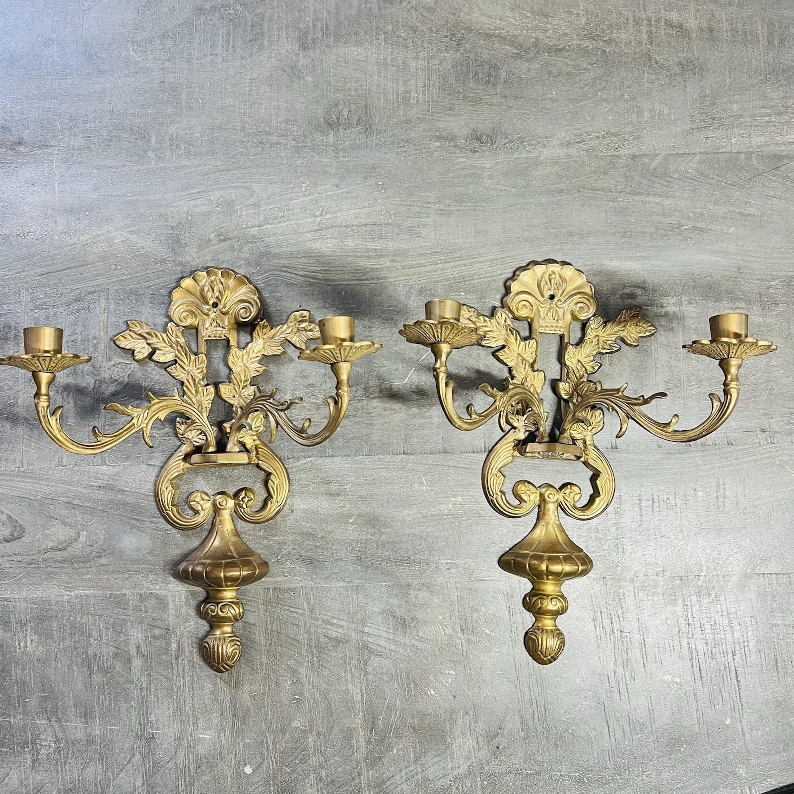 Vtg Pair Ornate Acanthus Scroll Leaf Brass Double Arm Wall Candle Holder Sconces