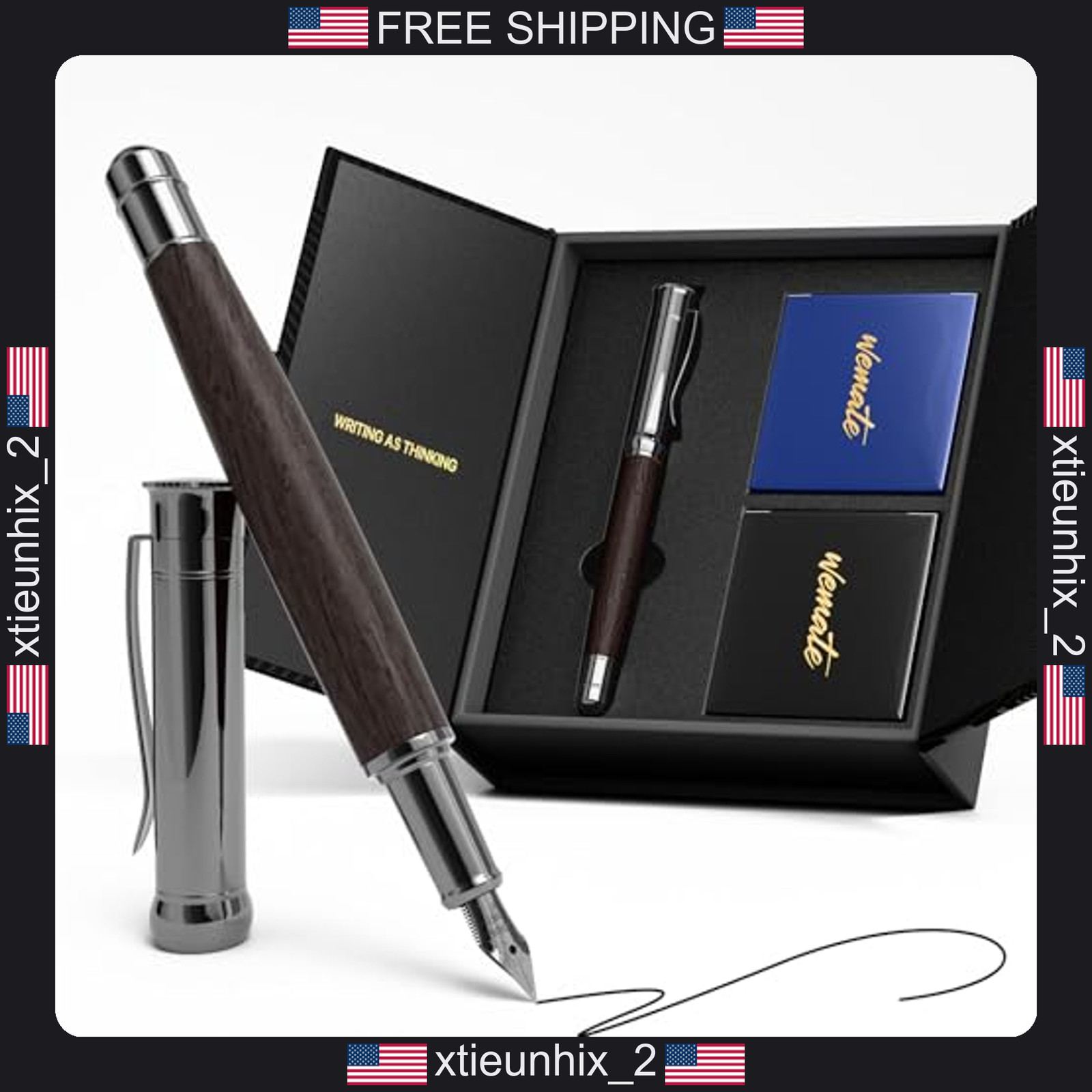 Fountain Pen Set with Iridium Fine Nib, Ebony Wood Grain Barrel, 20 Ink