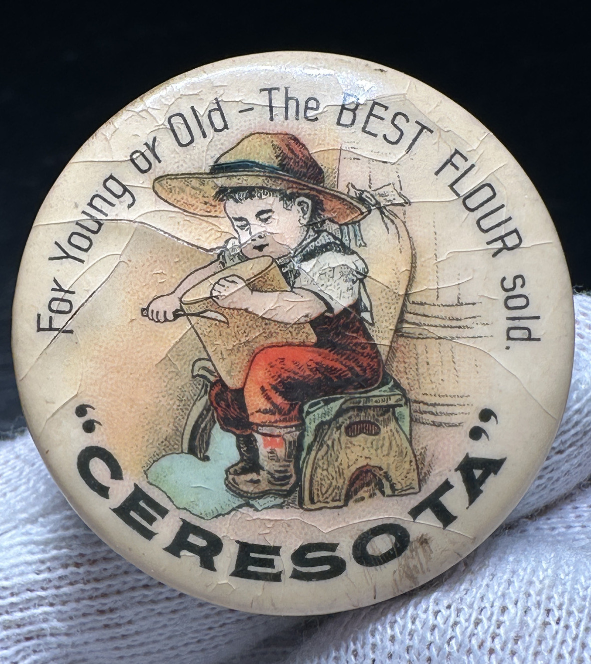 ANTIQUE CERESOTA FOR YOUNG OR OLD THE BEST FLOUR SOLD COLOR PIN E968 ANTIQUE CERESOTA FOR YOUNG OR OLD THE BEST FLOUR SOLD COLOR PIN E968
