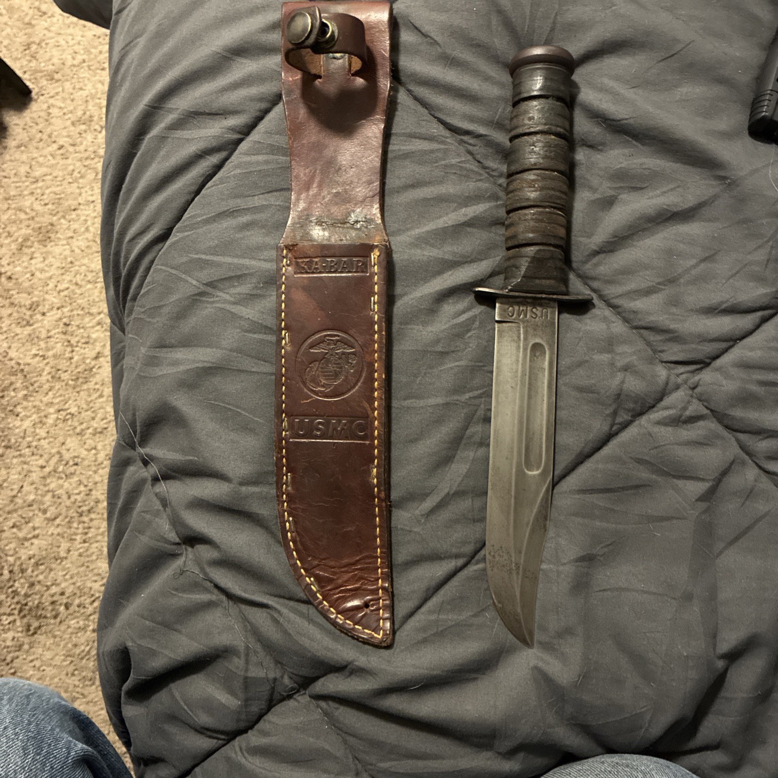 Early Kabar WW2 USMC US Marines Combat Fighting Knife & Leather Sheath Olean NY Early Kabar WW2 USMC US Marines Combat Fighting Knife & Leather Sheath Olean NY