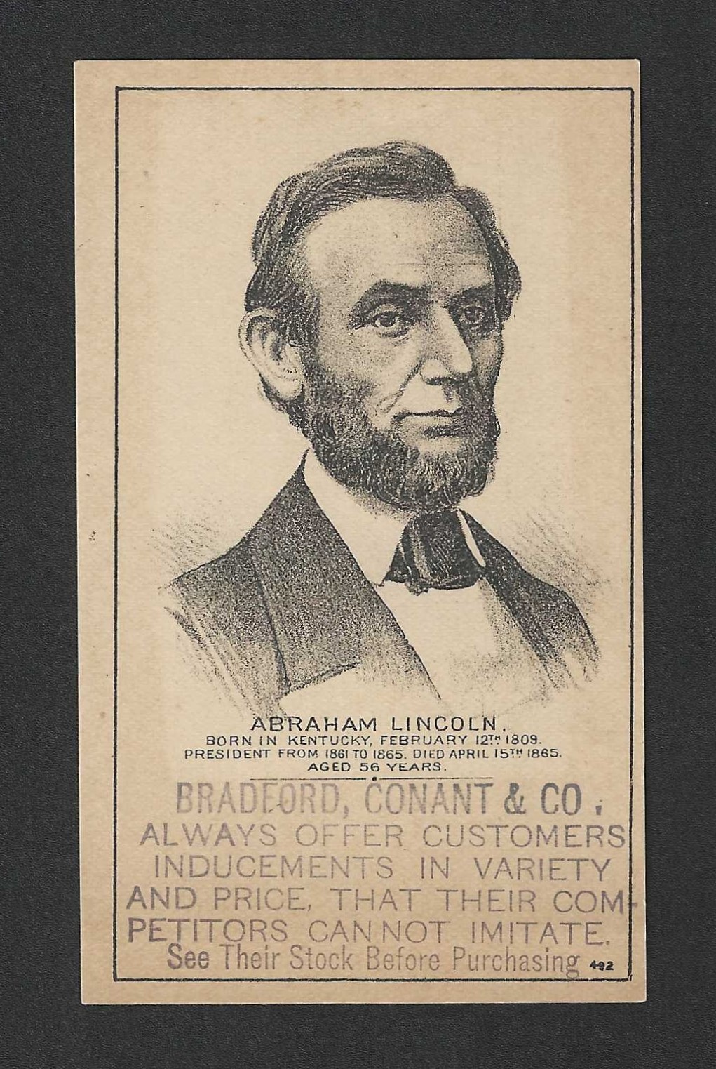 c1880's HD2A Trade Card - Bradford, Conant & Company - President Abraham Lincoln