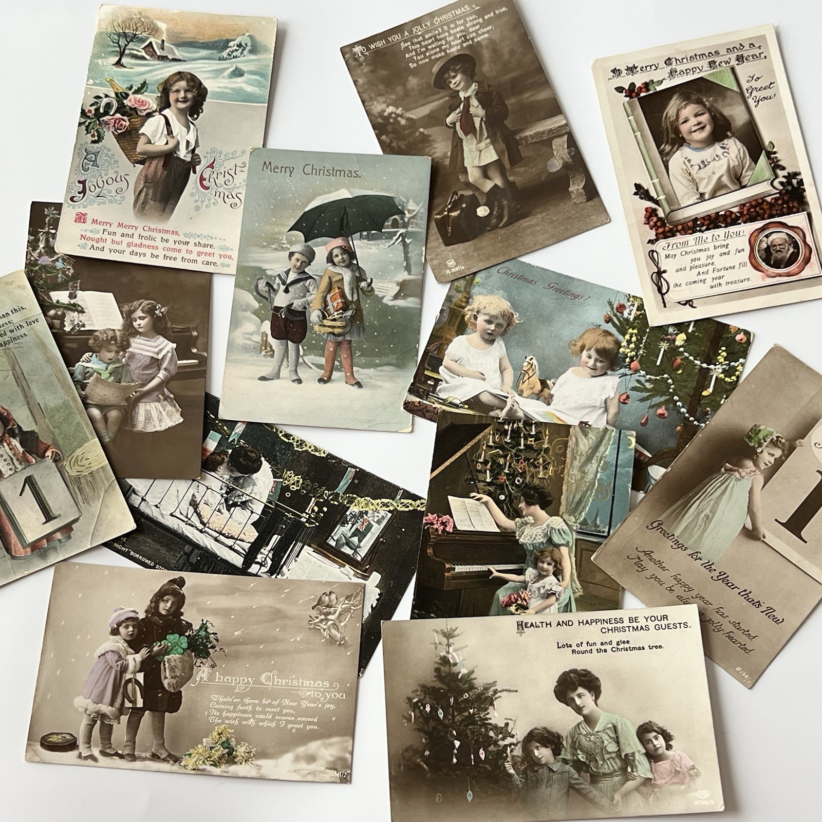 Antique Beautiful Christmas Postcard Lot Of 12 Adorable Children Tree Toys Piano