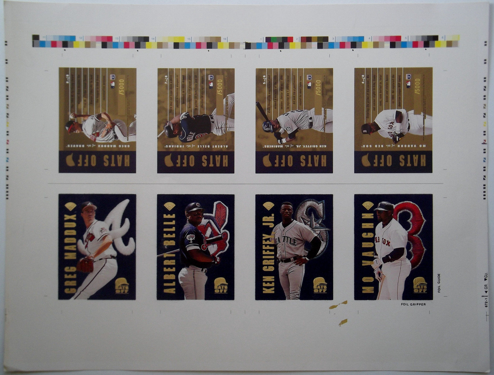 1996 Leaf Hats Off GREG MADDUX KEN GRIFFEY JR ALBERT BELLE +1 Rare Uncut Sheet
