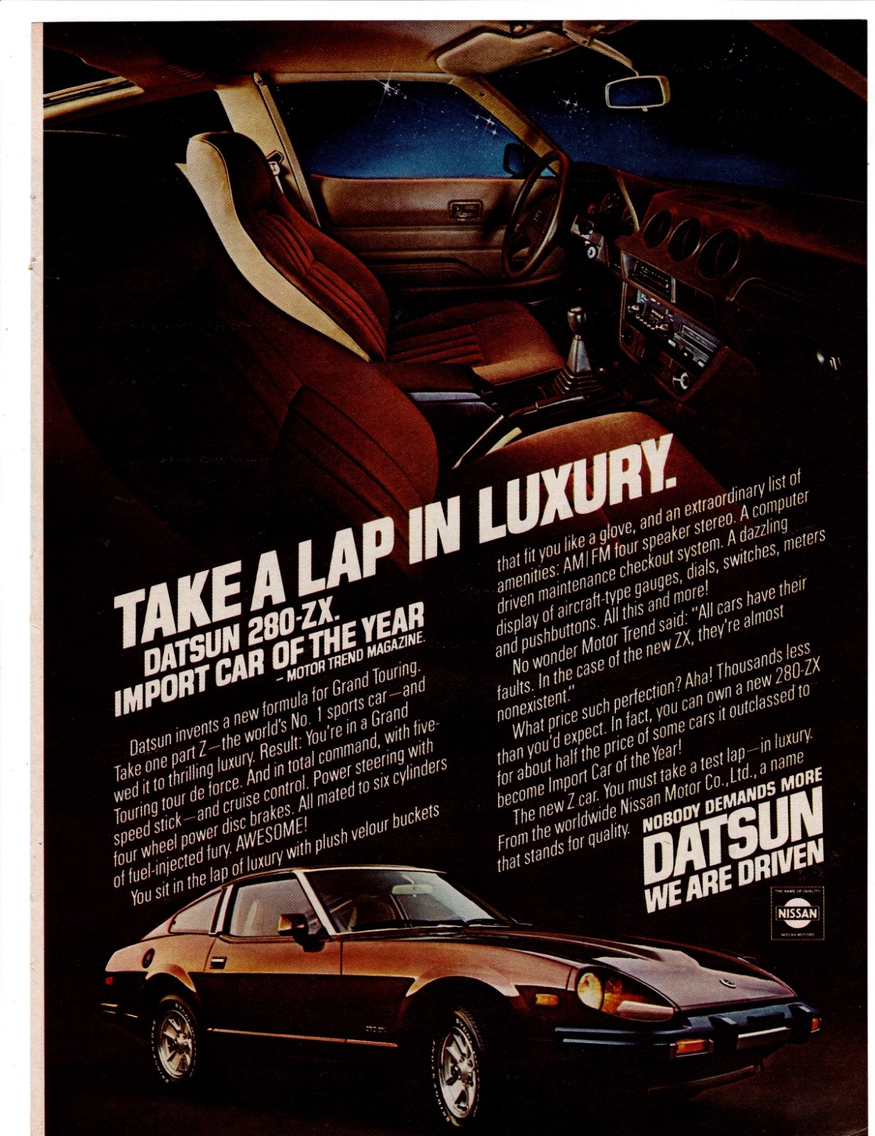 Original Copper 1979 Datsun 280-ZX Print Ad ~ Take a Lap in Luxury Car of Year Original Copper 1979 Datsun 280-ZX Print Ad ~ Take a Lap in Luxury Car of Year