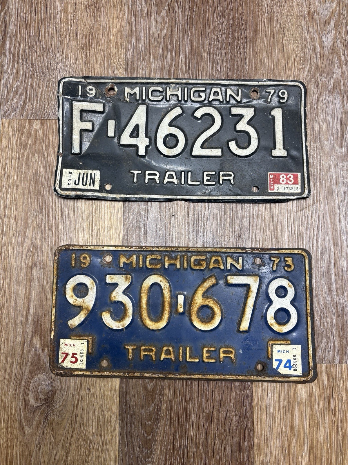 Lot of 2 Vintage Michigan Trailer License Plates 1973 930-678 & 1979 F-46231
