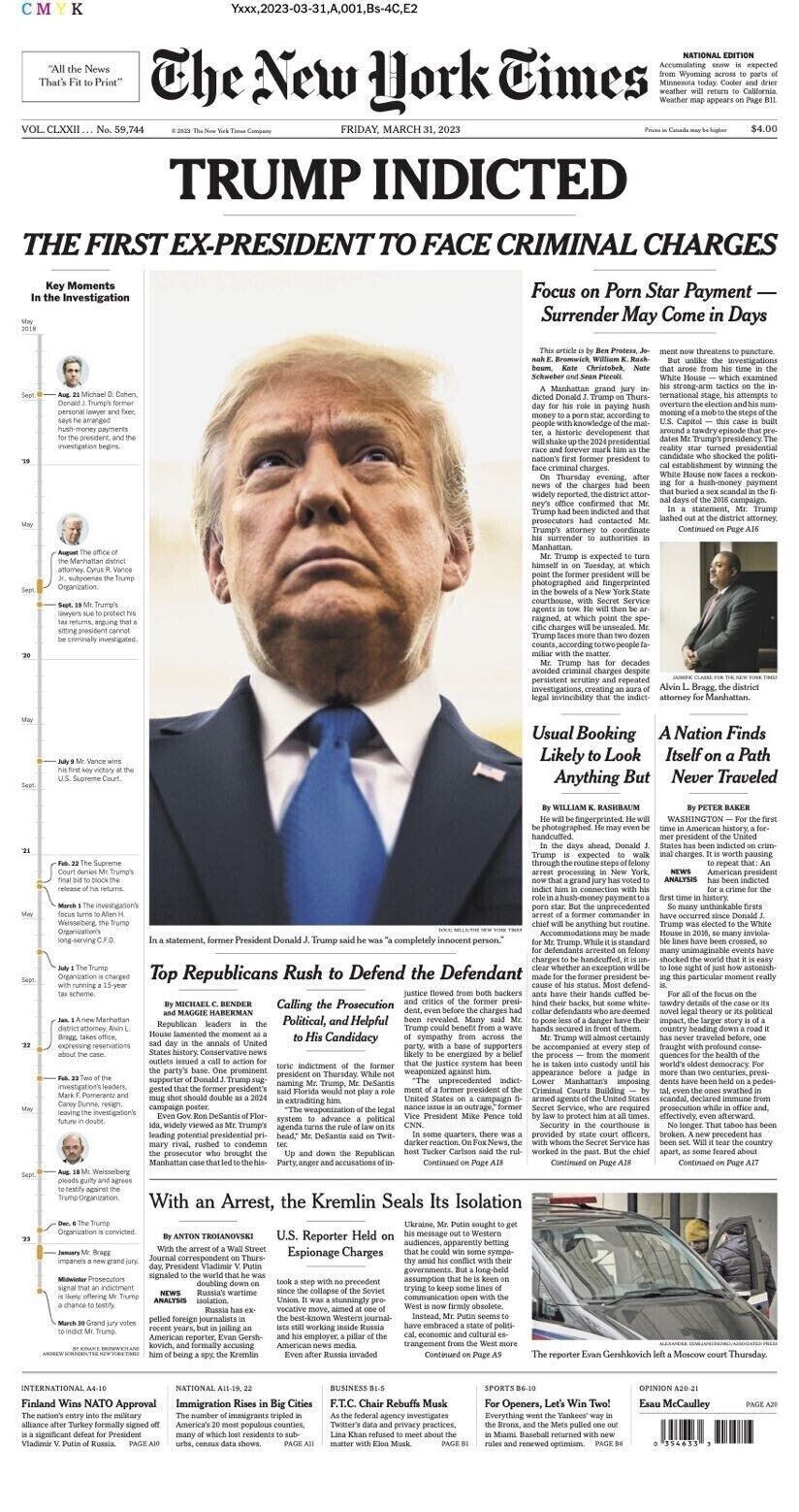 DONALD TRUMP INDICTED - New York Times Newspaper Friday March 31, 2023 NEW