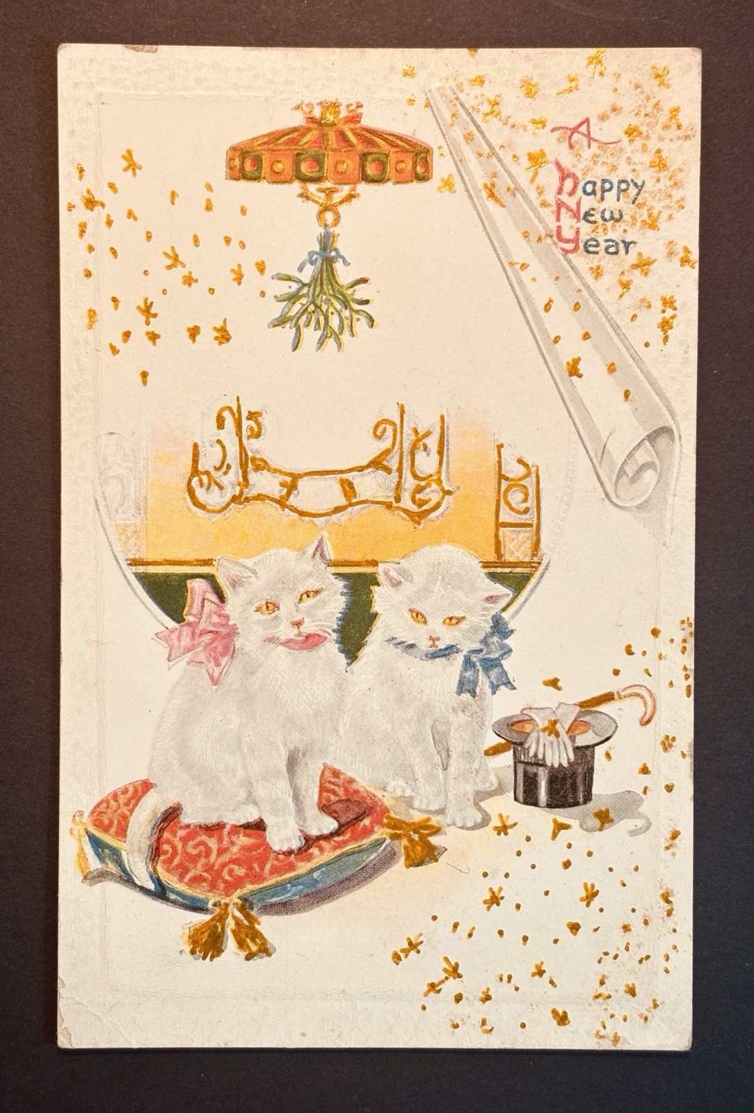 Antique Elegant White Kittens Postcard c1915 France Halloween Vibes #498 Gold Antique Elegant White Kittens Postcard c1915 France Halloween Vibes #498 Gold