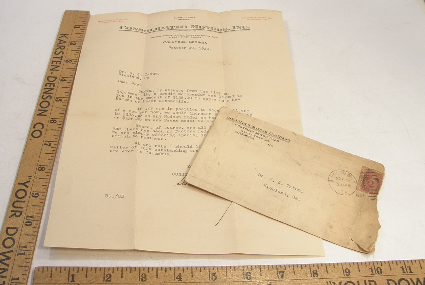 VINTAGE 1929 LETTERHEAD CONSOLIDATED MOTORS COLUMBUS GA HUDSON AUTOMOBILE DEALER VINTAGE 1929 LETTERHEAD CONSOLIDATED MOTORS COLUMBUS GA HUDSON AUTOMOBILE DEALER