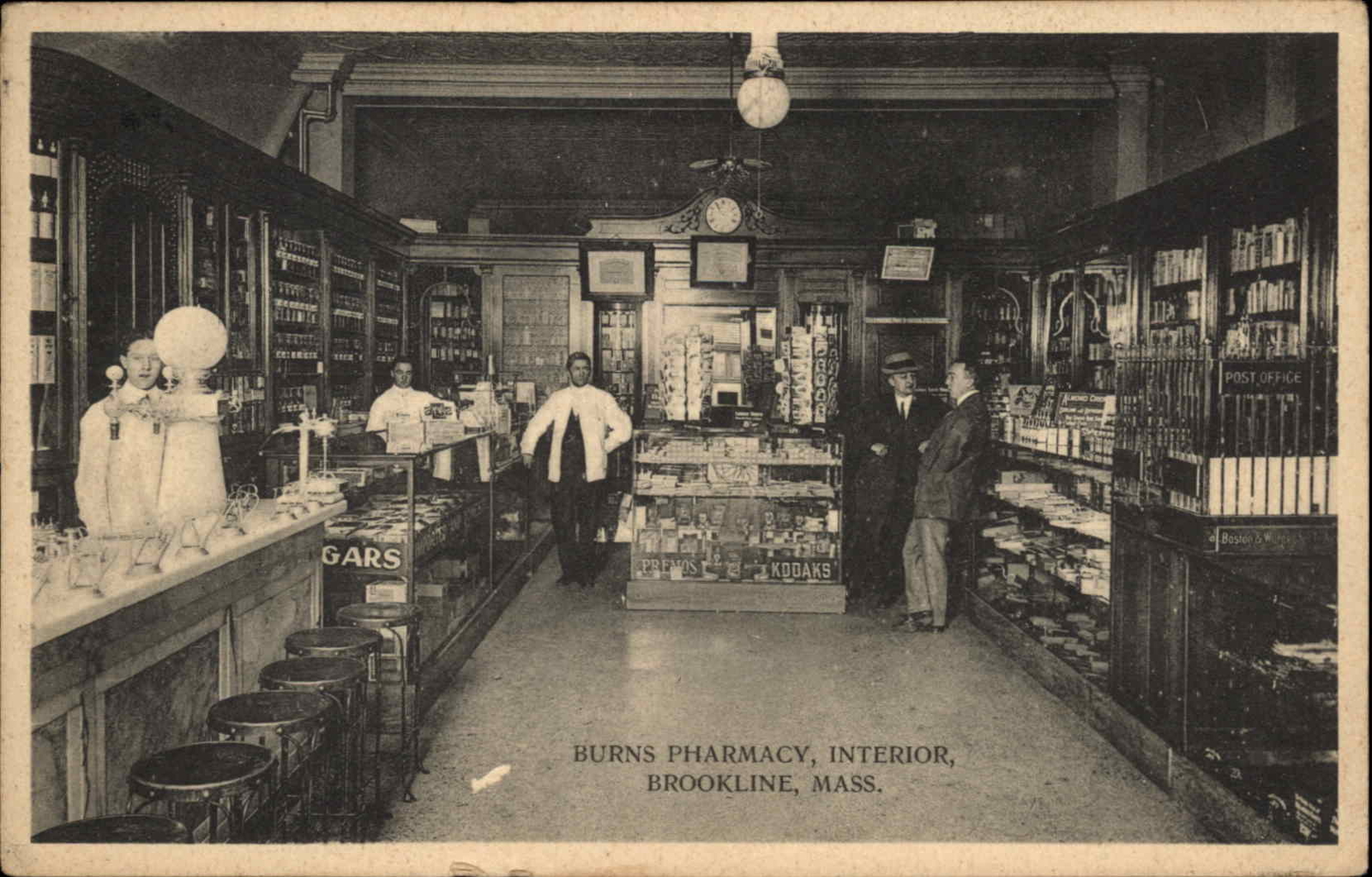 Antique Postcard BROOKLINE MASS MA Burns Pharmacy Interior DRUGSTORE Antique Postcard BROOKLINE MASS MA Burns Pharmacy Interior DRUGSTORE