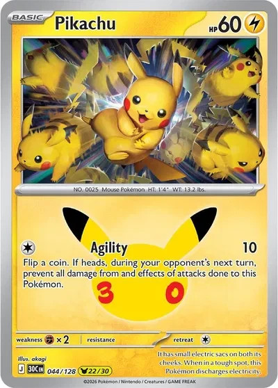 Pokémon - Pikachu 044/128 (22/30) - 30th Anniversary - Near Mint Pokémon - Pikachu 044/128 (22/30) - 30th Anniversary - Near Mint
