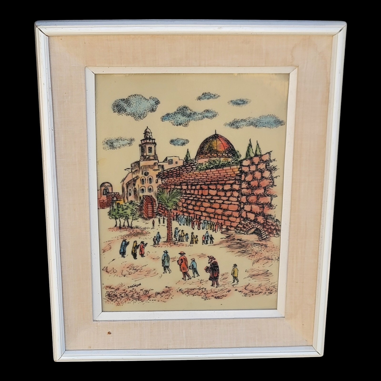 Vintage Judaica Art THE WAILING WALL Acrylic Engraving Signed Sarinson  23x15\