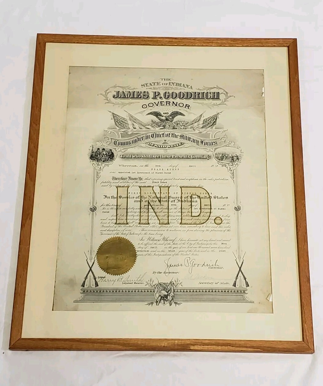 Governor James P. Goodrich Indiana WWI Military Appointment Framed Governor James P. Goodrich Indiana WWI Military Appointment Framed