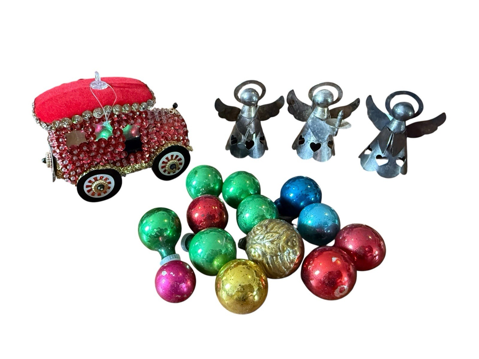 Vintage Christmas Lot Sequin Car Glass Ornaments Metal Angels Vintage Christmas Lot Sequin Car Glass Ornaments Metal Angels