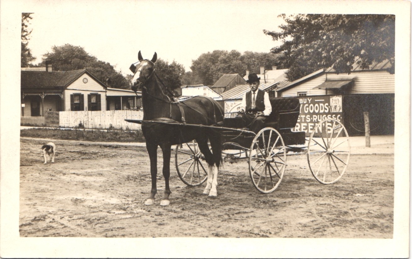 MAN RIDING HORSE & BUGGY c1910 real photo postcard rppc street advertising MAN RIDING HORSE & BUGGY c1910 real photo postcard rppc street advertising