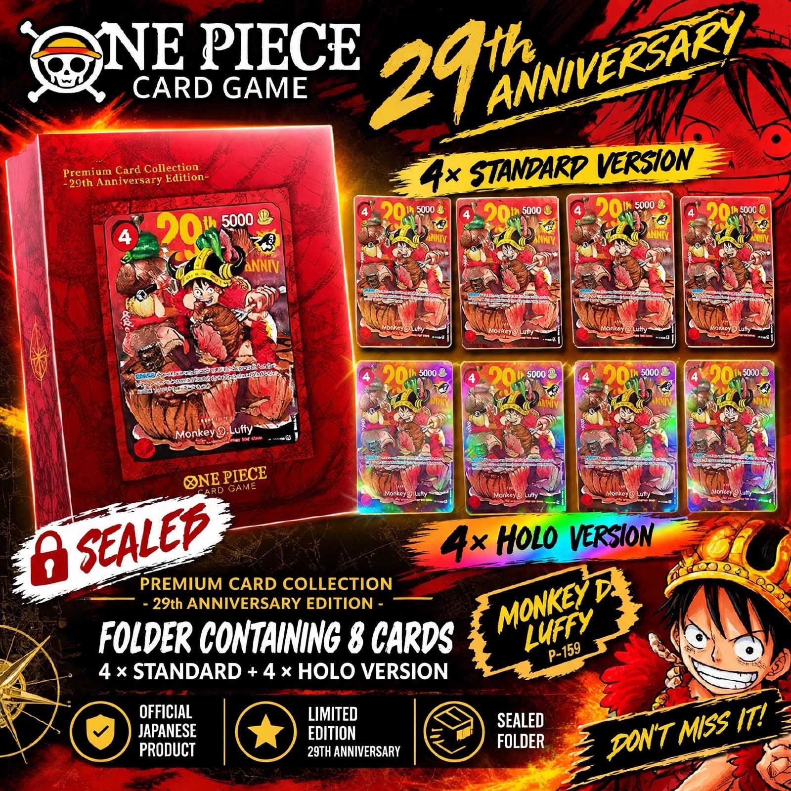 🔥PRE-ORDER One Piece 29th anniversary P-159 Luffy Folder 4 Standard + 4 Holo🔥