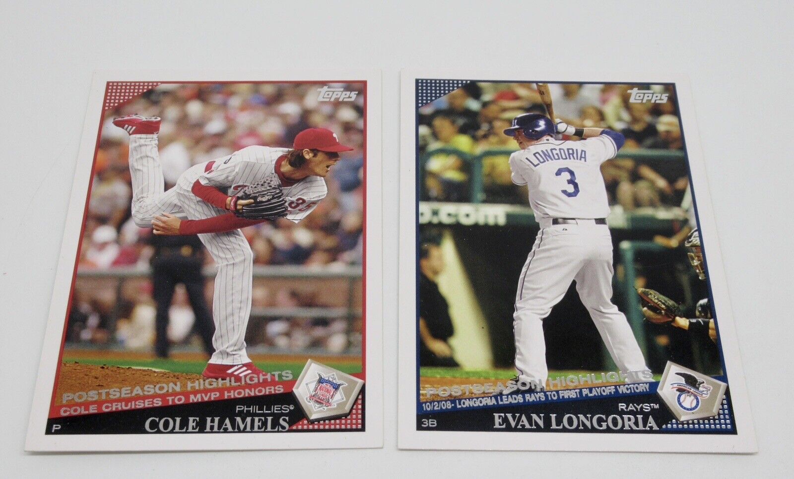 Cole Hamels Phillies / Evan Longoria Rays 2009 TOPPS Postseason Baseball Cards