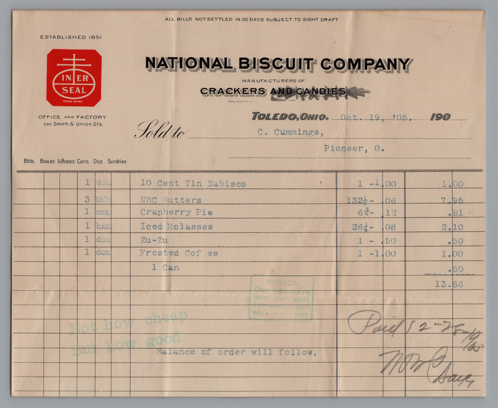 1905 Billhead NATIONAL BISCUIT CO. Toledo Ohio, Nabisco 1905 Billhead NATIONAL BISCUIT CO. Toledo Ohio, Nabisco