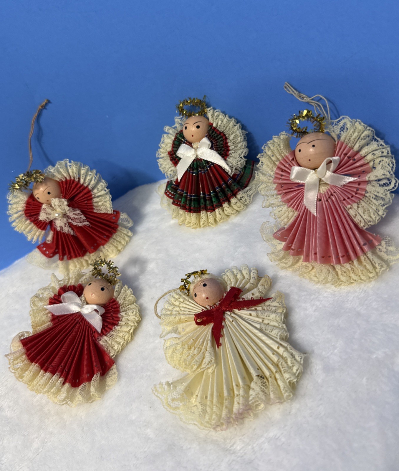 5 Vintage Folded Ribbon Angel Christmas Ornaments 5 Vintage Folded Ribbon Angel Christmas Ornaments