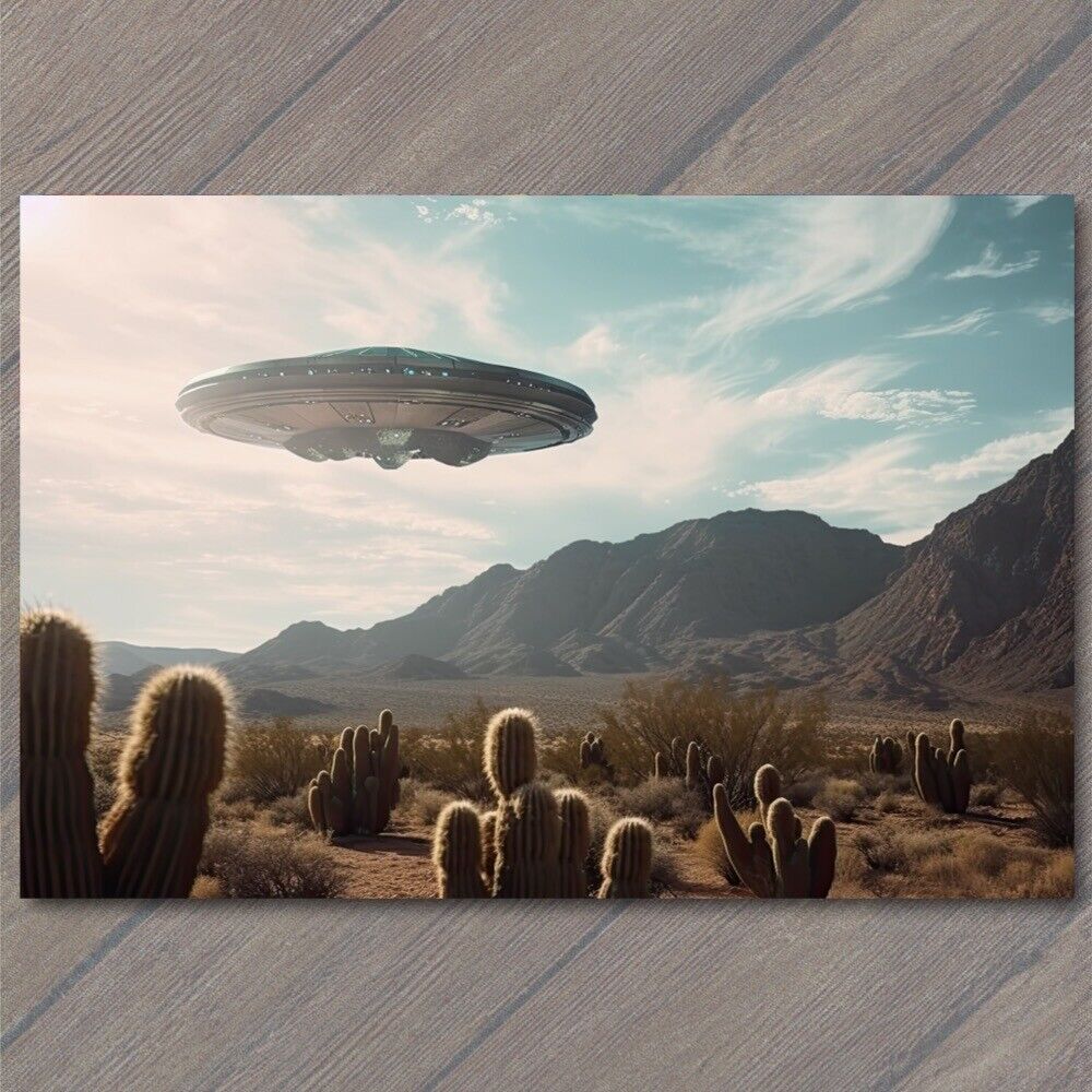 Postcard Surreal Encounter Alien Spaceship Desert Landscape UFO Flying Saucer