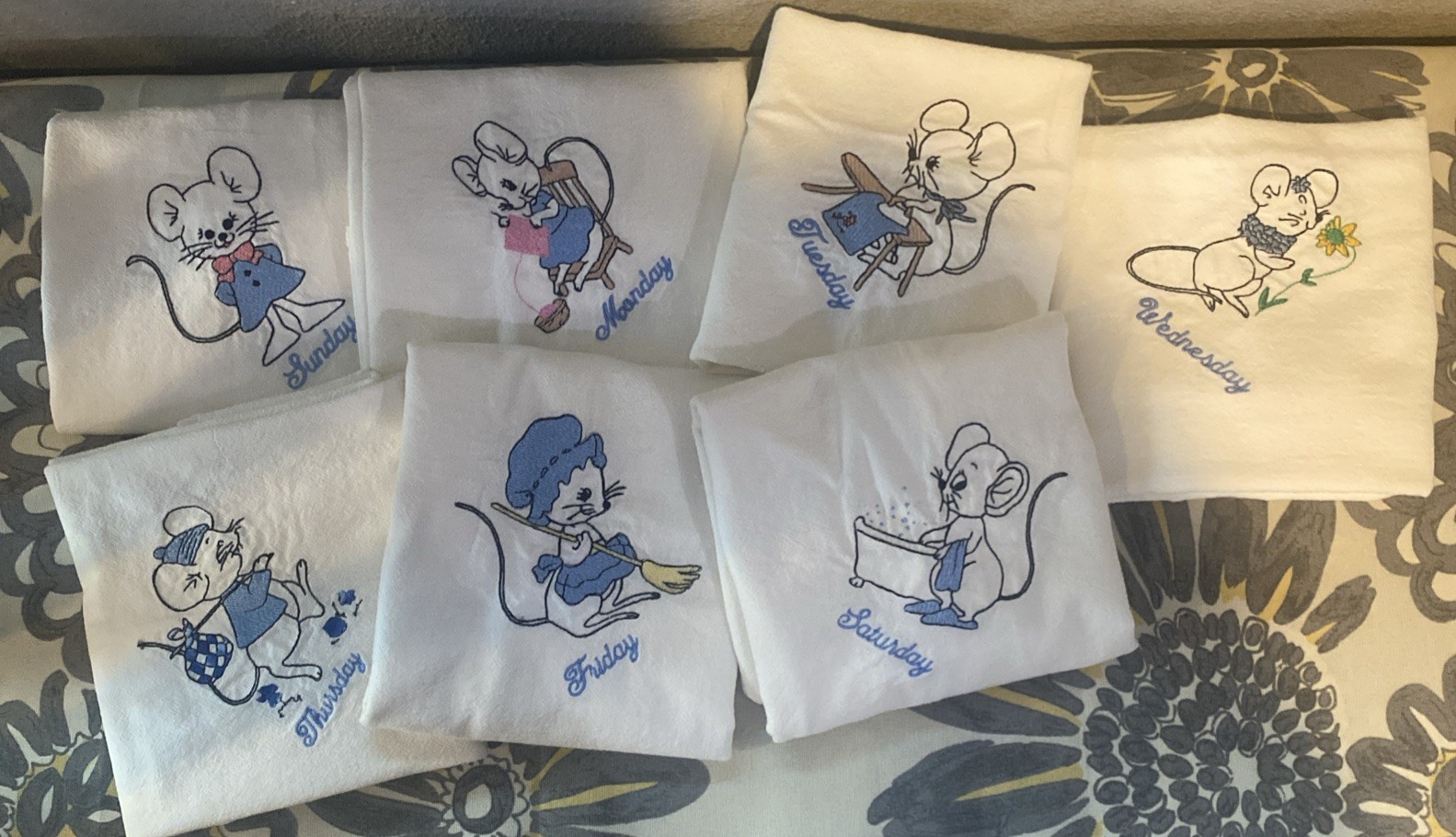Vintage Hand Embroidered Mice Days Of The Week Flour Dish Towels