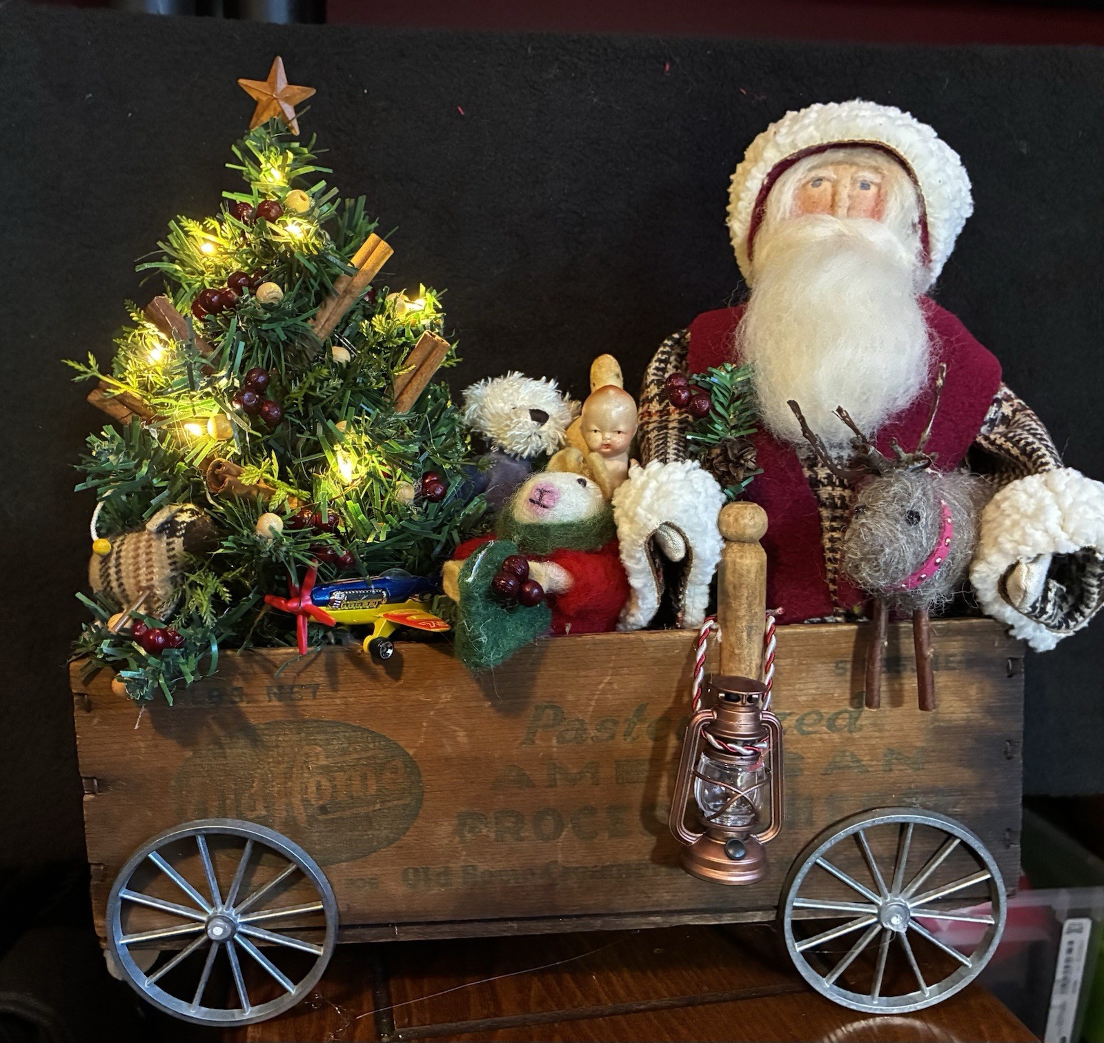 Handmade Santa In Cheese Box Wagon