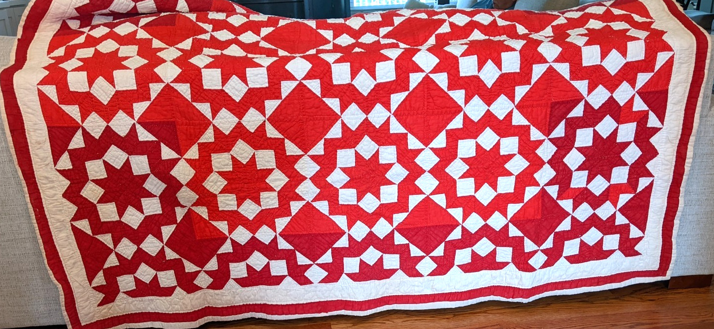 Antique Star & Lattice Quilt Hand Sewn In Two-color Red &White Geometric Pattern