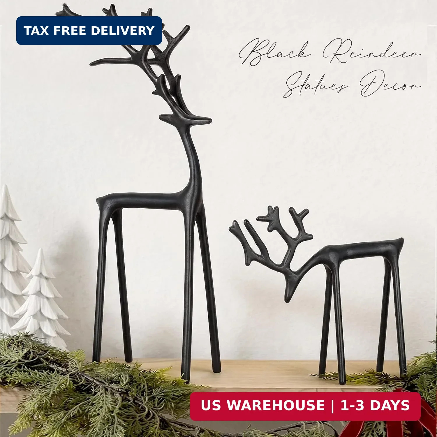 Christmas Decorations - Set of 2 Sculpted Black Metal Reindeer Statues Christmas Decorations - Set of 2 Sculpted Black Metal Reindeer Statues