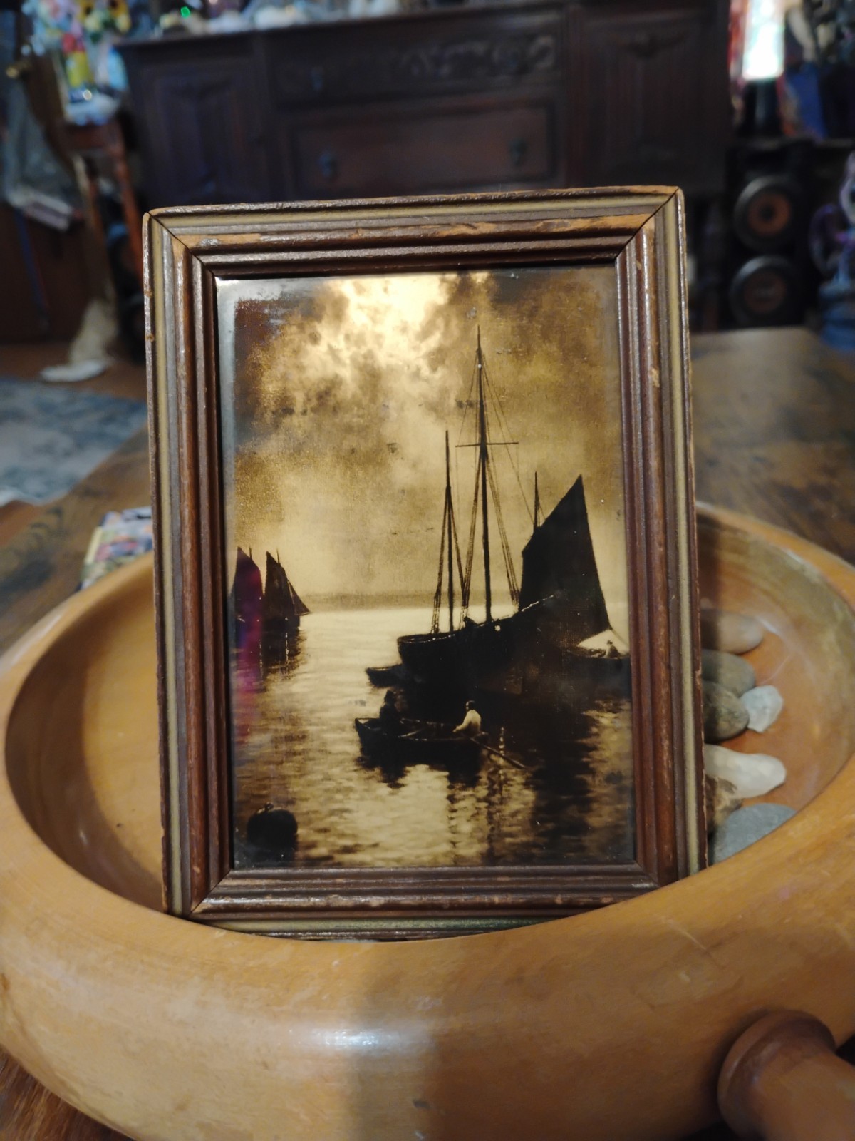 Antique Orotone Photograph 4.5” X 5.5” Sailboats In harbor Antique Orotone Photograph 4.5” X 5.5” Sailboats In harbor