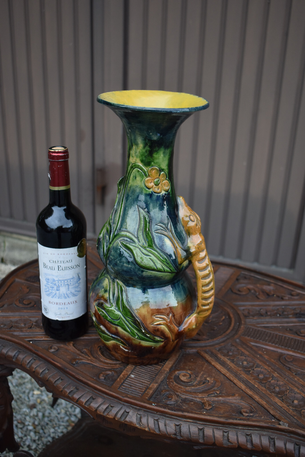 Antique FLemish earthenware Vase with flower salamanders crawling rare Antique FLemish earthenware Vase with flower salamanders crawling rare