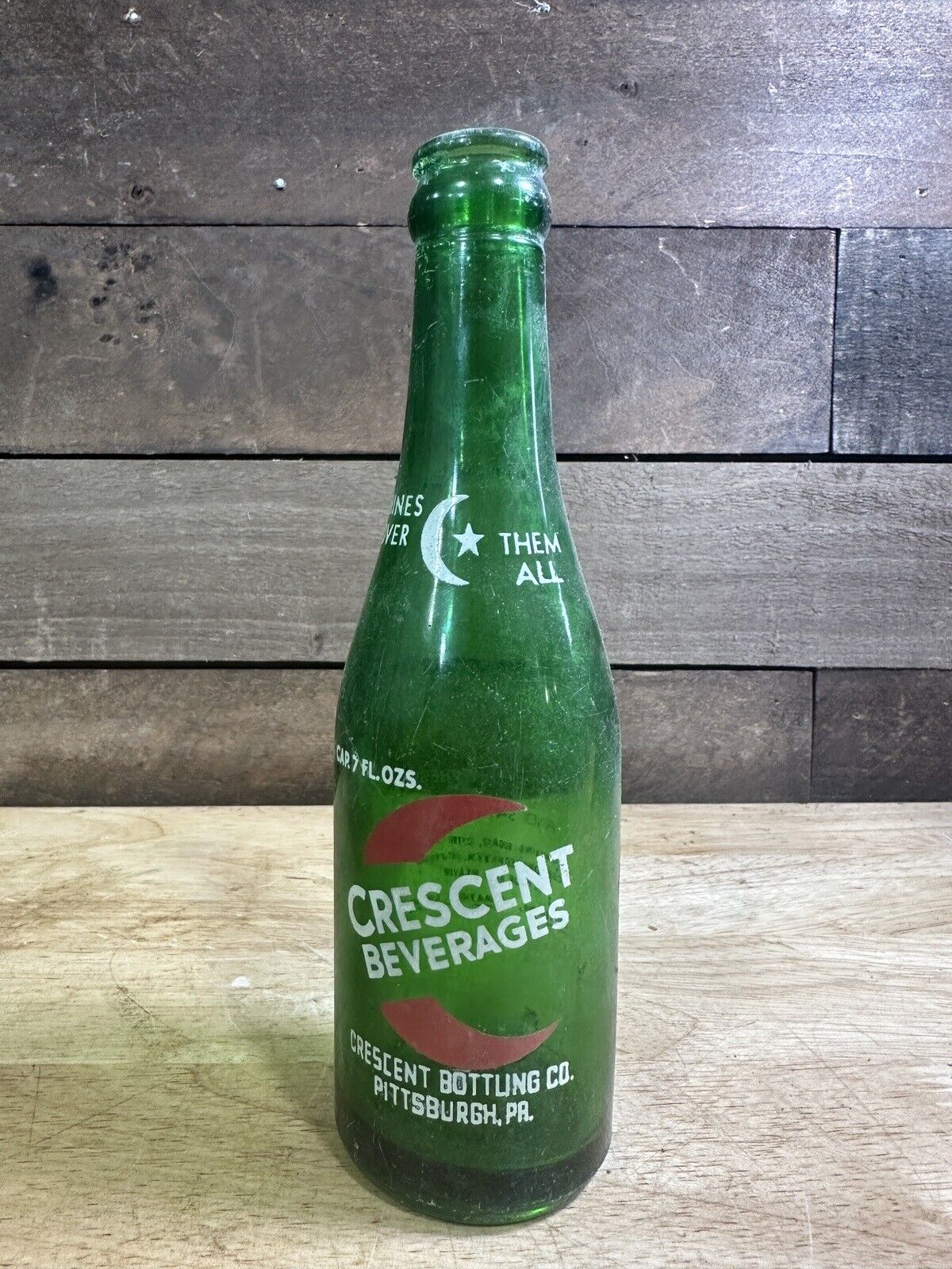 VINTAGE CRESCENT BEVERAGES ACL SODA BOTTLE PITTSBURGH PA PINTED LABEL MOON STAR
