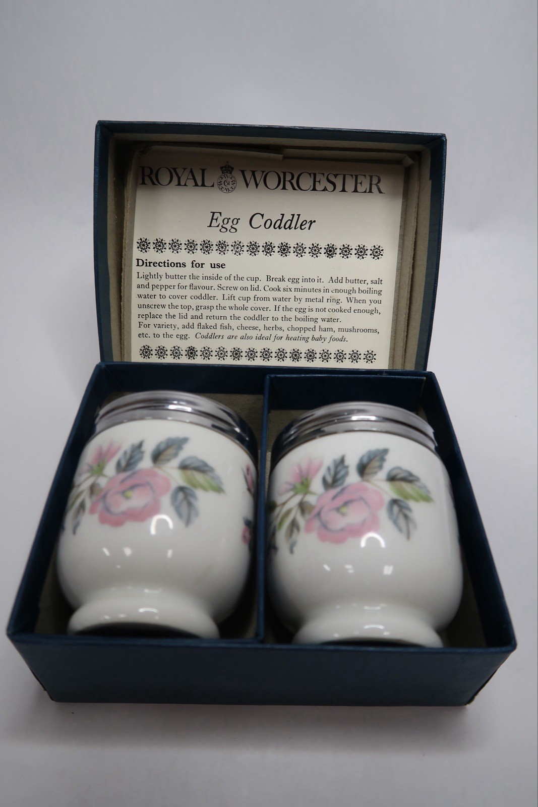 VTG Royal Worcester June Garland Egg Coddler Set of 2 Porcelain Original Box B26