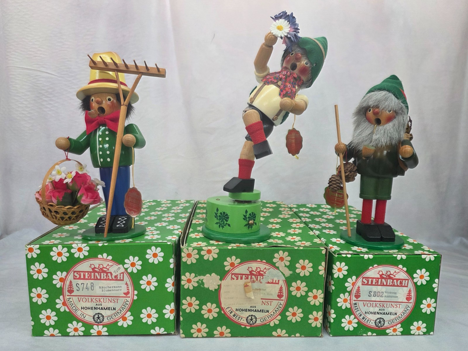 3 German Steinbach Smokers In Boxes - 1 with Music - Flower Gardener & Gatherers 3 German Steinbach Smokers In Boxes - 1 with Music - Flower Gardener & Gatherers
