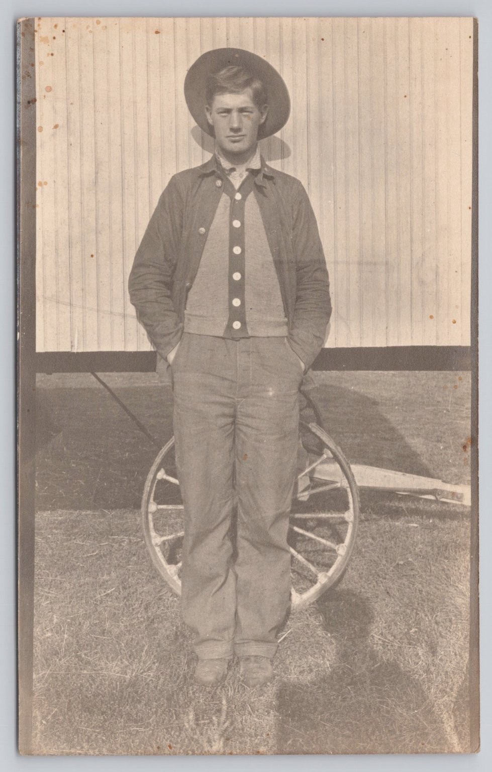 Vintage Real Photo Postcard RPPC of Handsome Young Man with Wagon Wheel Vintage Real Photo Postcard RPPC of Handsome Young Man with Wagon Wheel