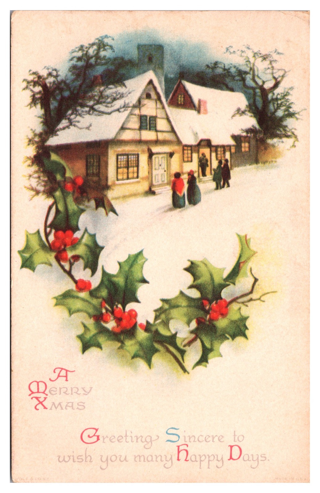 ANTQ A Merry Xmas, Village Scene, Holly, Holiday Postcard ANTQ A Merry Xmas, Village Scene, Holly, Holiday Postcard