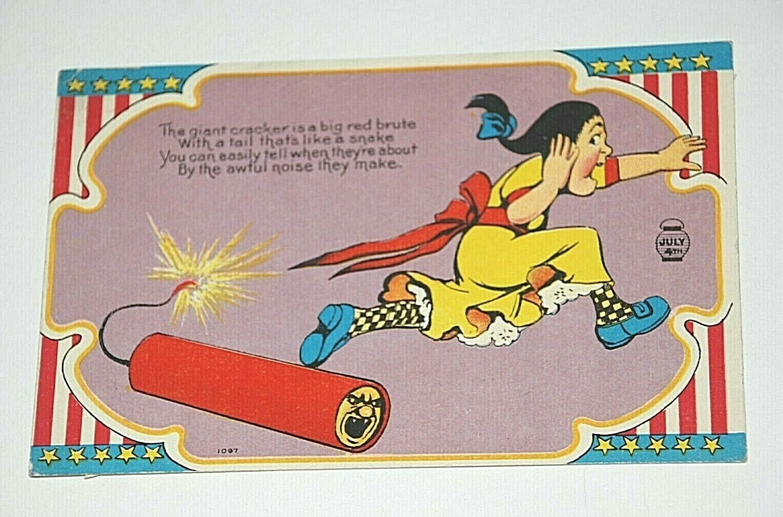 4th of JULY Patriotic Postcard Firecracker Scared Girl Fireworks Antique 1914