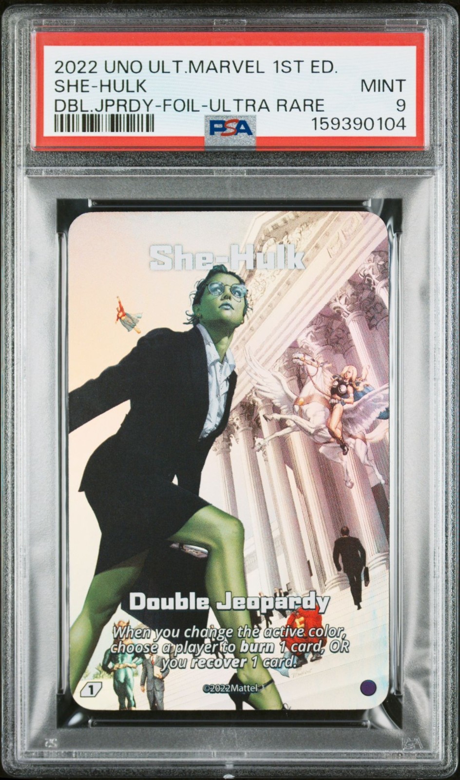 2022 Uno Ultimate Marvel She-Hulk Double Jeopardy Foil Ultra Rare PSA 9 Top Pop 2022 Uno Ultimate Marvel She-Hulk Double Jeopardy Foil Ultra Rare PSA 9 Top Pop