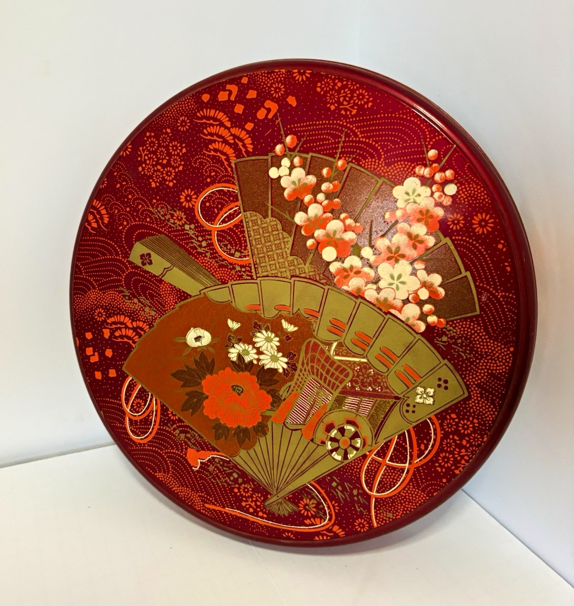 Vintage Japanese Lacquerware Round Lidded Box Floral Fan 11\